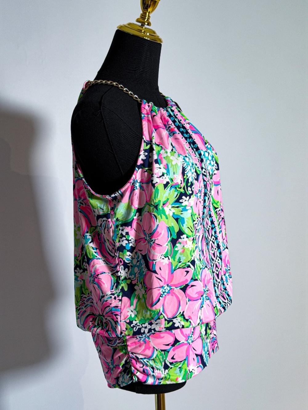 Lilly Pulitzer Tropical Floral Halter Top Pink Green Gold Chain Size Small - Picture 4 of 8